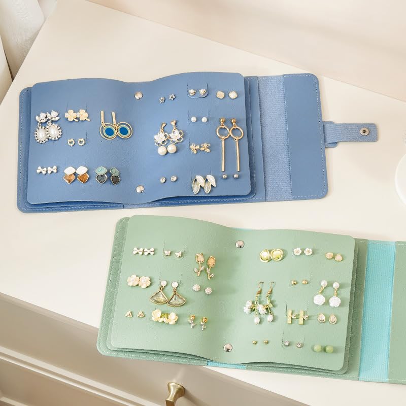 Yiluana Jewelry Organizer, Portable Earring Holder Pu Leather Travel Jewelry Organizer Case with Foldable Book Design for Girls Women (Blue) - Image 2
